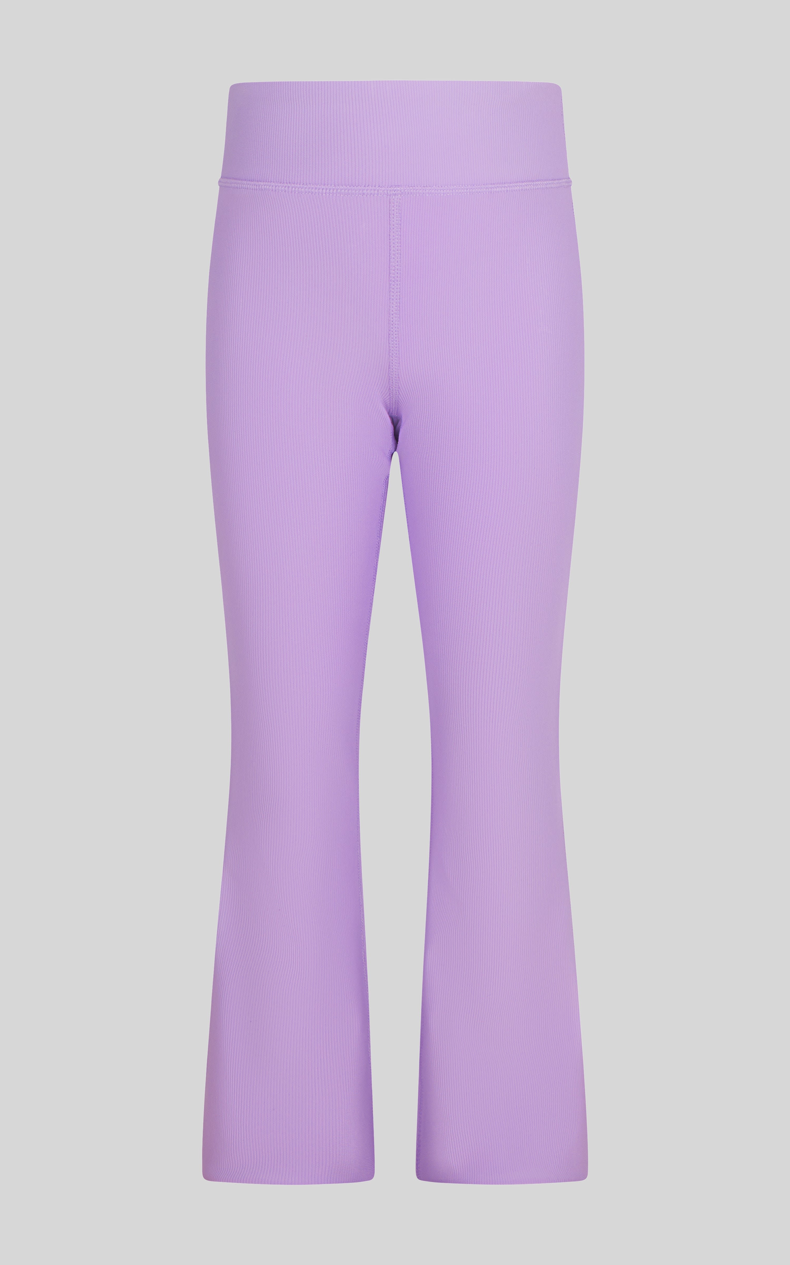 Girls' ribbed lilac flared leg leggings with a smooth waistband.