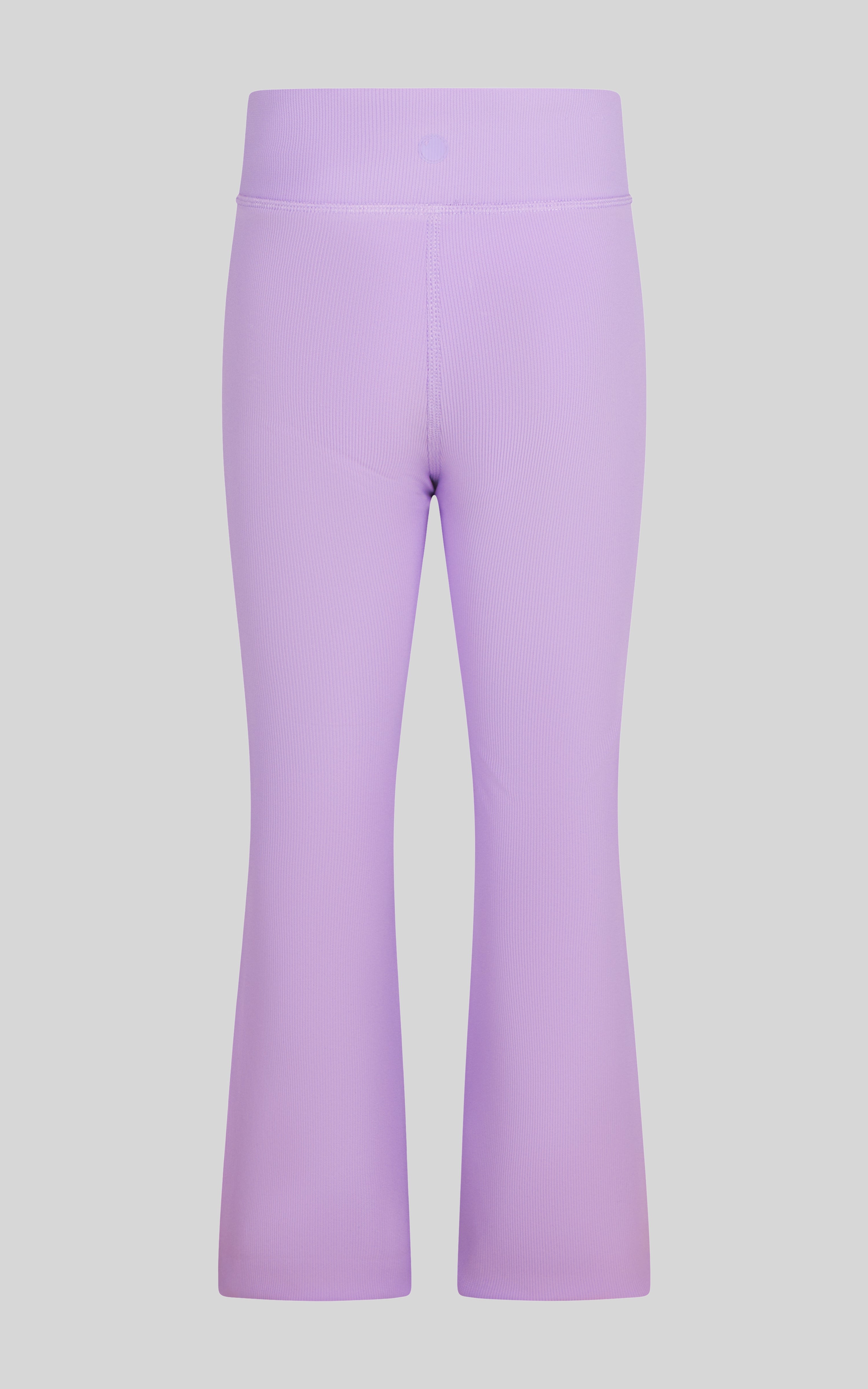 Girls' ribbed lilac flared leg pants with wide waistband, soft stretchy fabric.