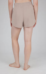 Oak brown washed fleece lounge shorts with elastic waistband and relaxed fit.