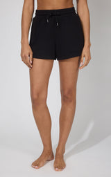 Black softlite drawstring lounge shorts with a relaxed fit and elastic waistband.