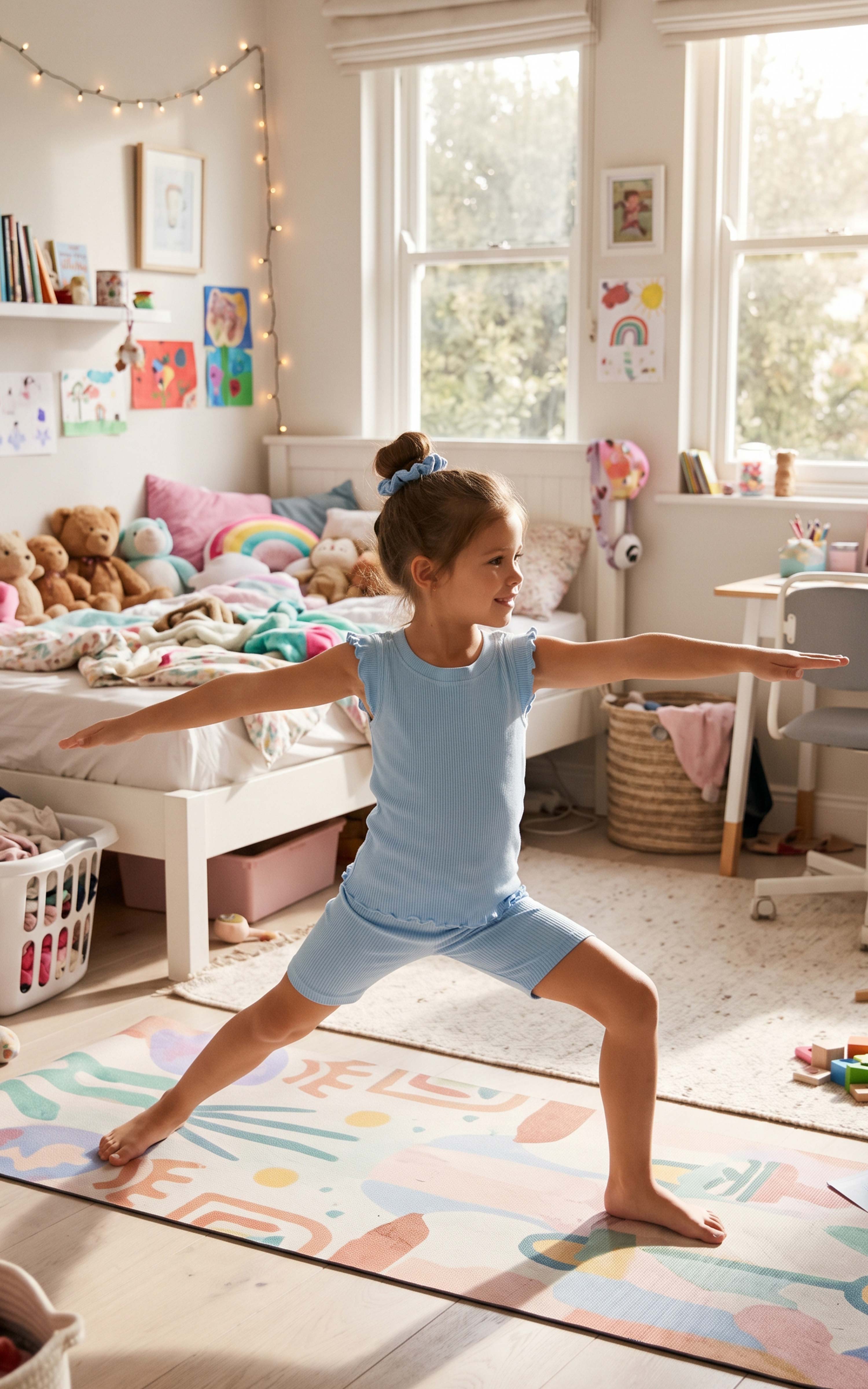 Girl wearing a pale blue ribbed short-sleeve top and matching shorts, stretching in a wide yoga pose.