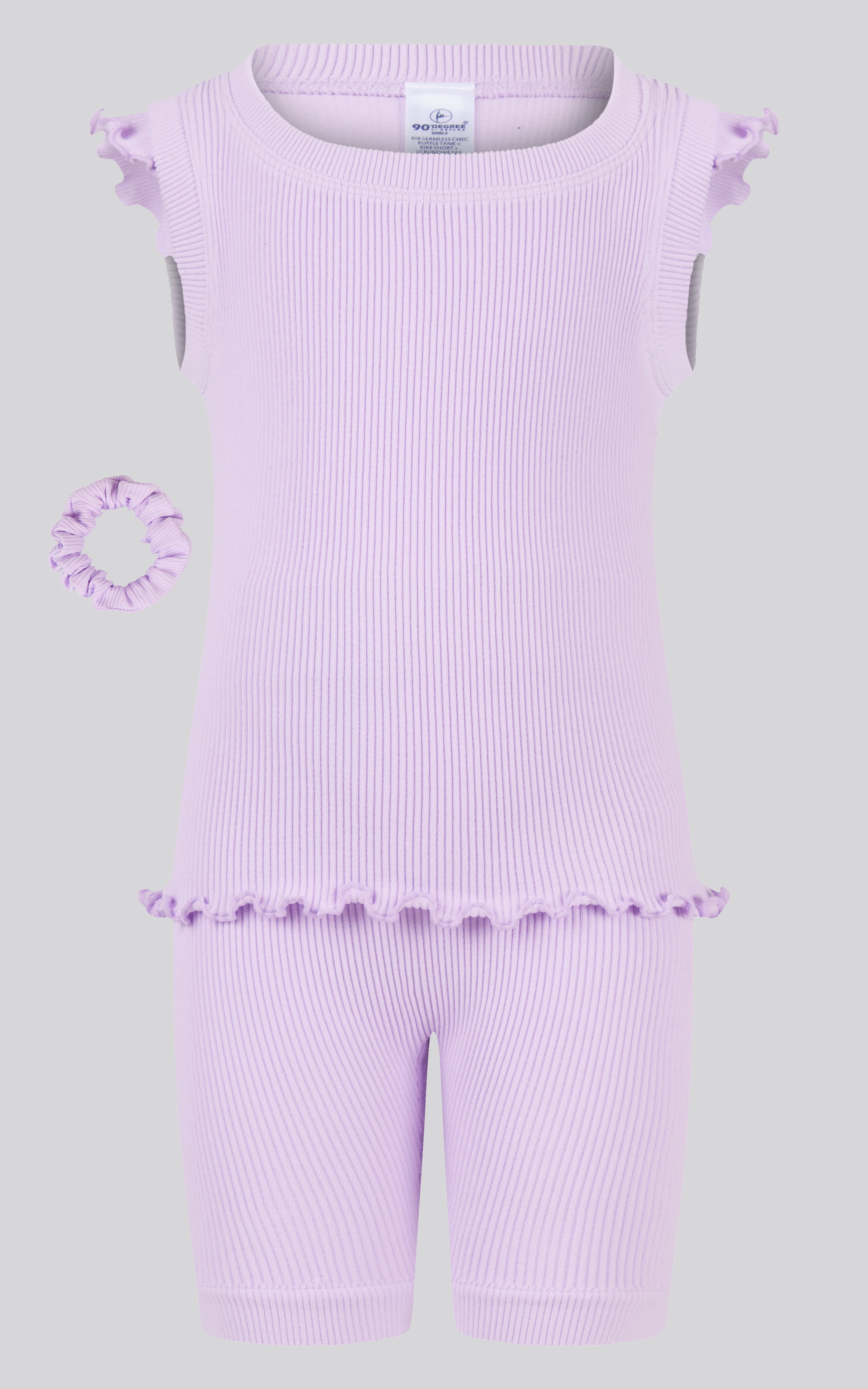 4-6X 3PC Ruffle Tank + Biker Short + Scrunchie Set
