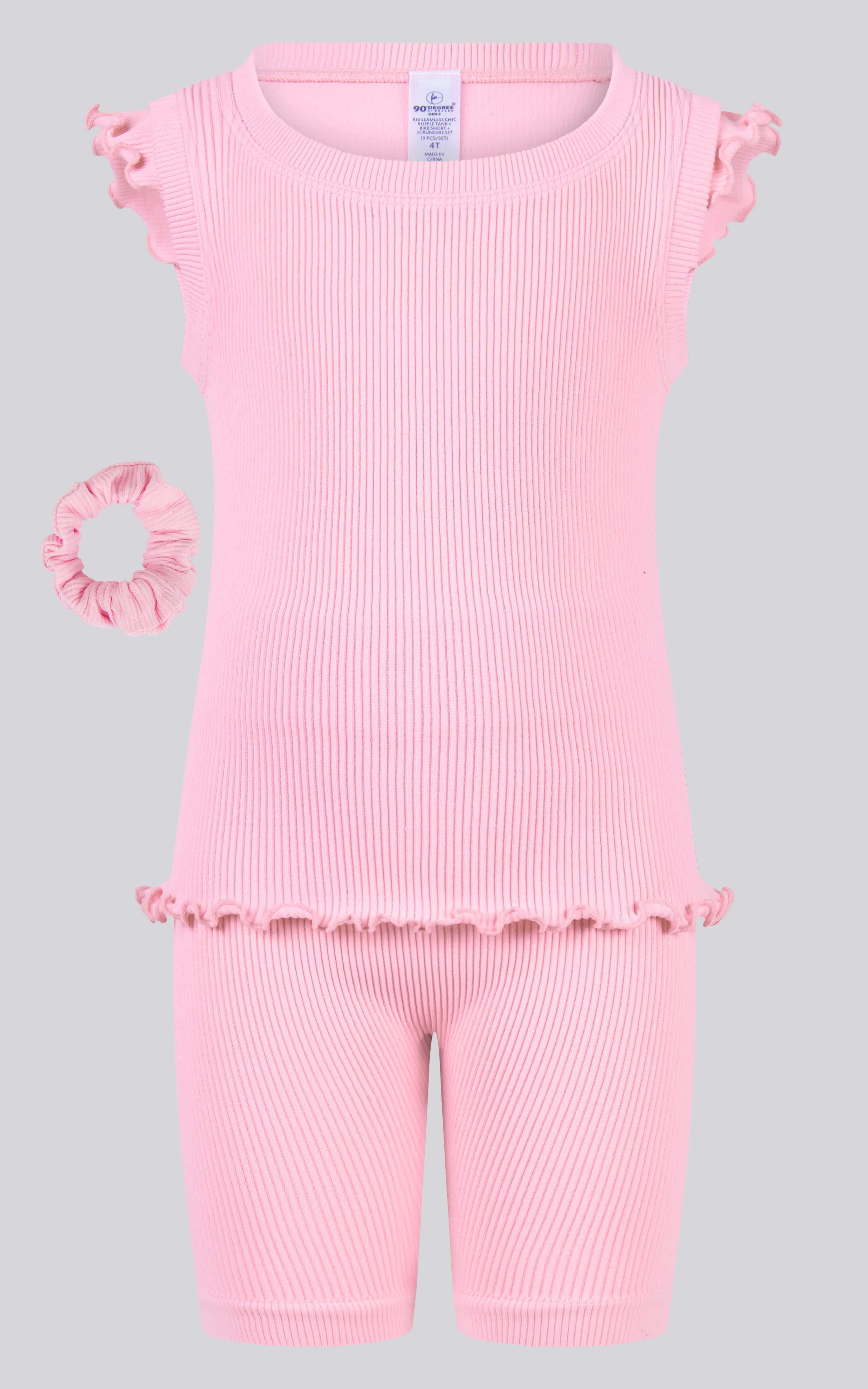 4-6X 3PC Ruffle Tank + Biker Short + Scrunchie Set