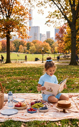 Little girl in a light blue top sits on a picnic blanket reading, with pink and blue snacks nearby.