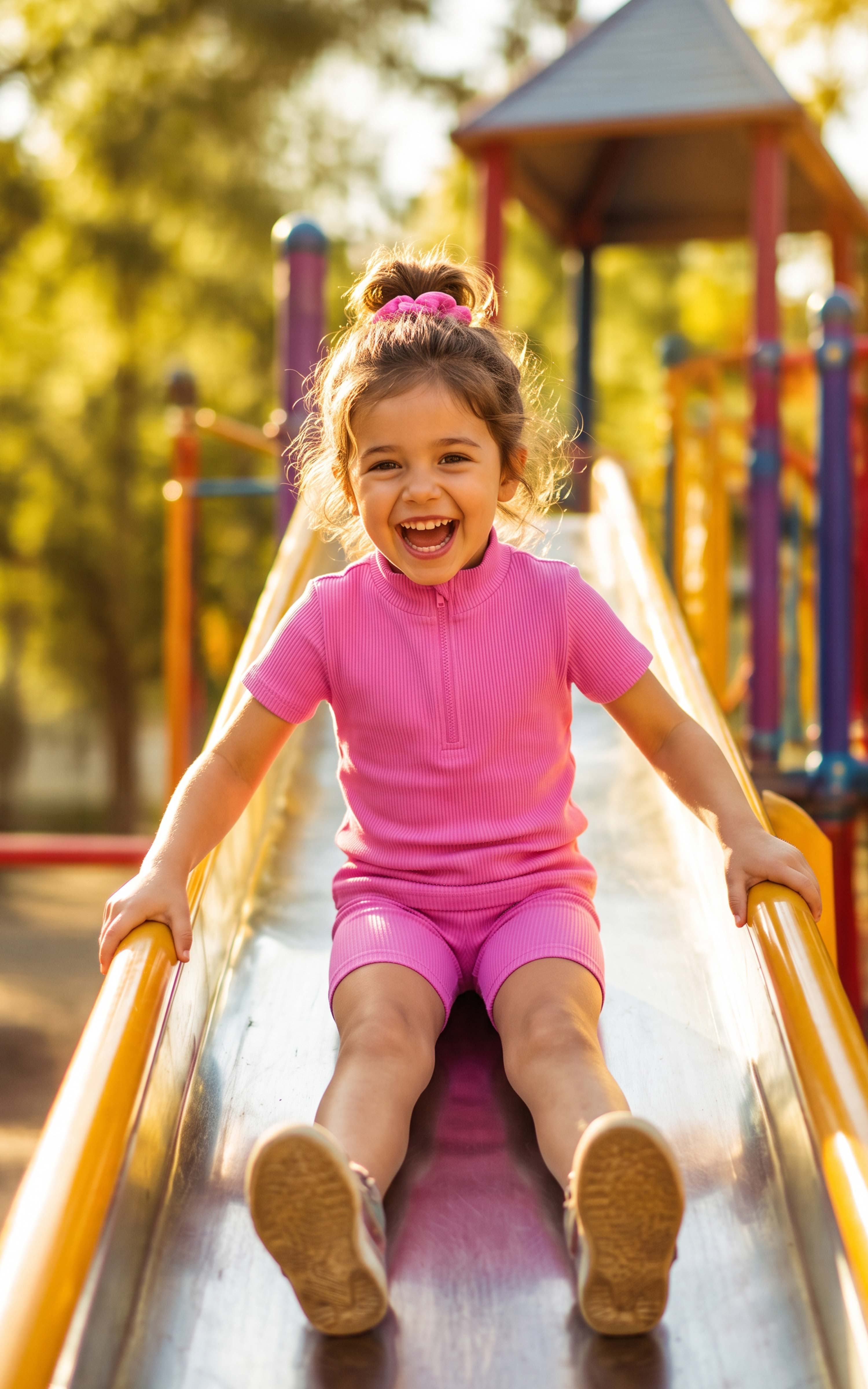 Toddler girl wearing a bright pink ribbed short-sleeve top and matching shorts while sliding at a playground.