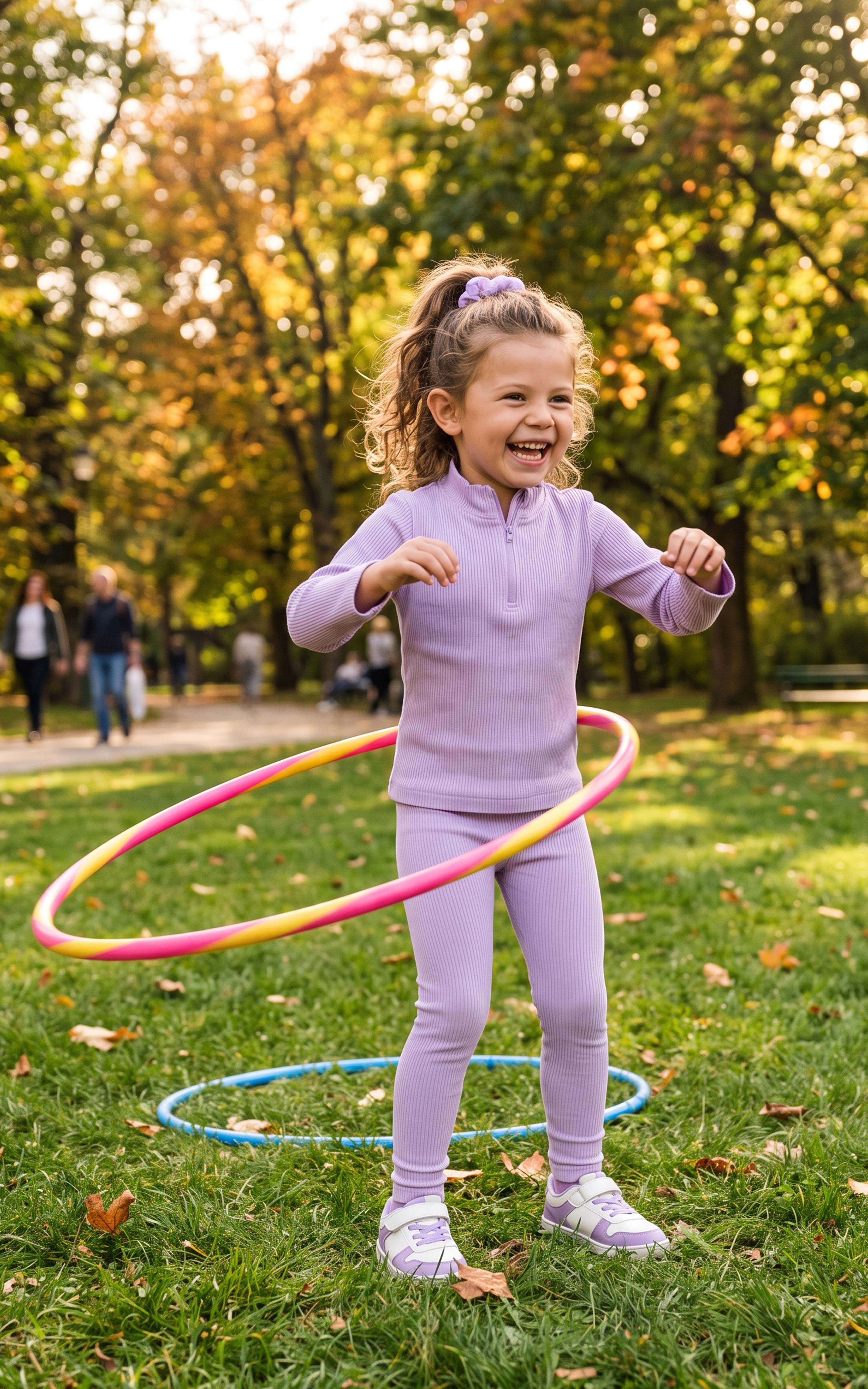 Little girl wearing a lavender half-zip top and matching leggings, jumping rope in a sunny park.