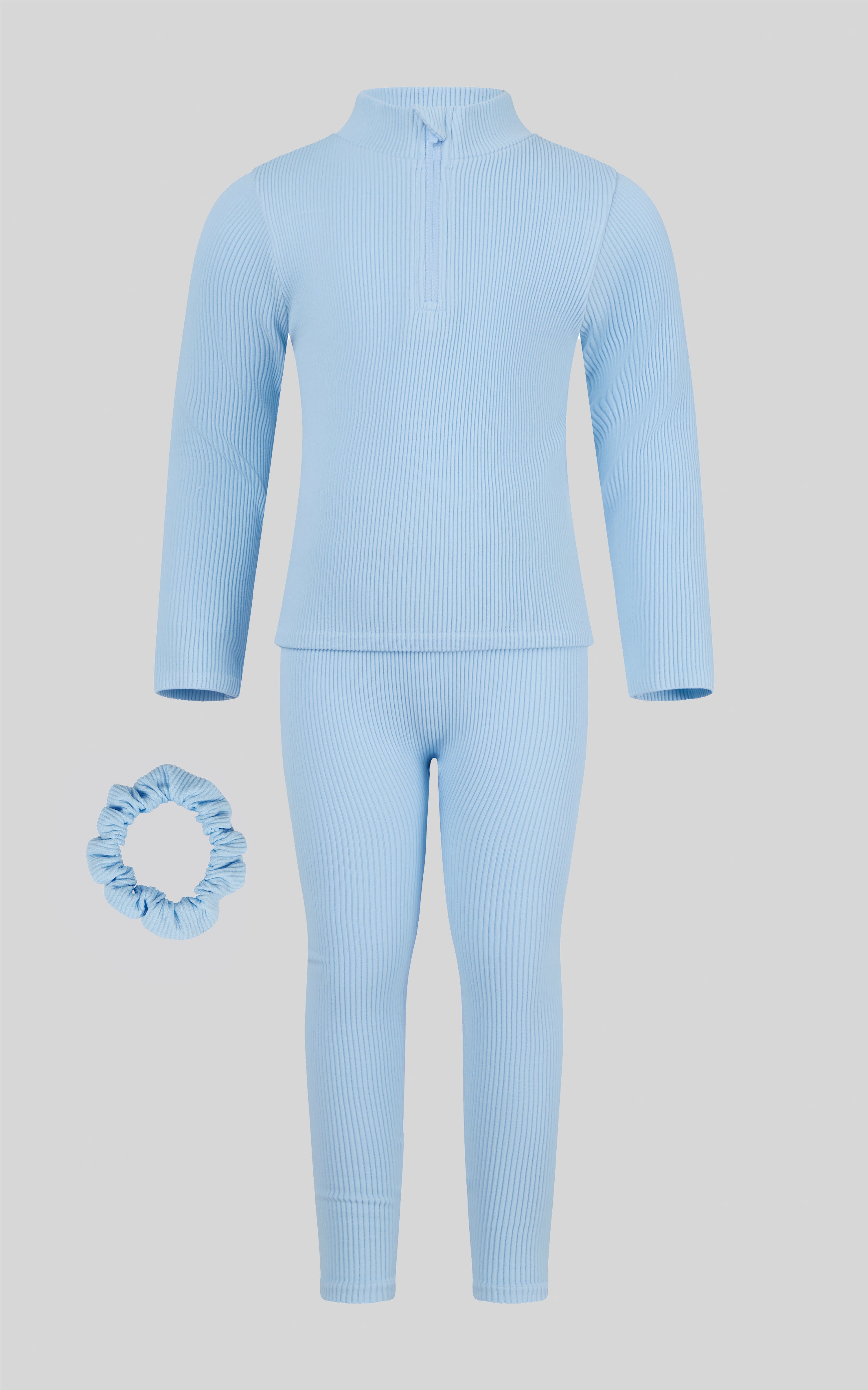 Light blue girls' 3-piece set with half-zip long sleeve top, leggings, and matching scrunchie.