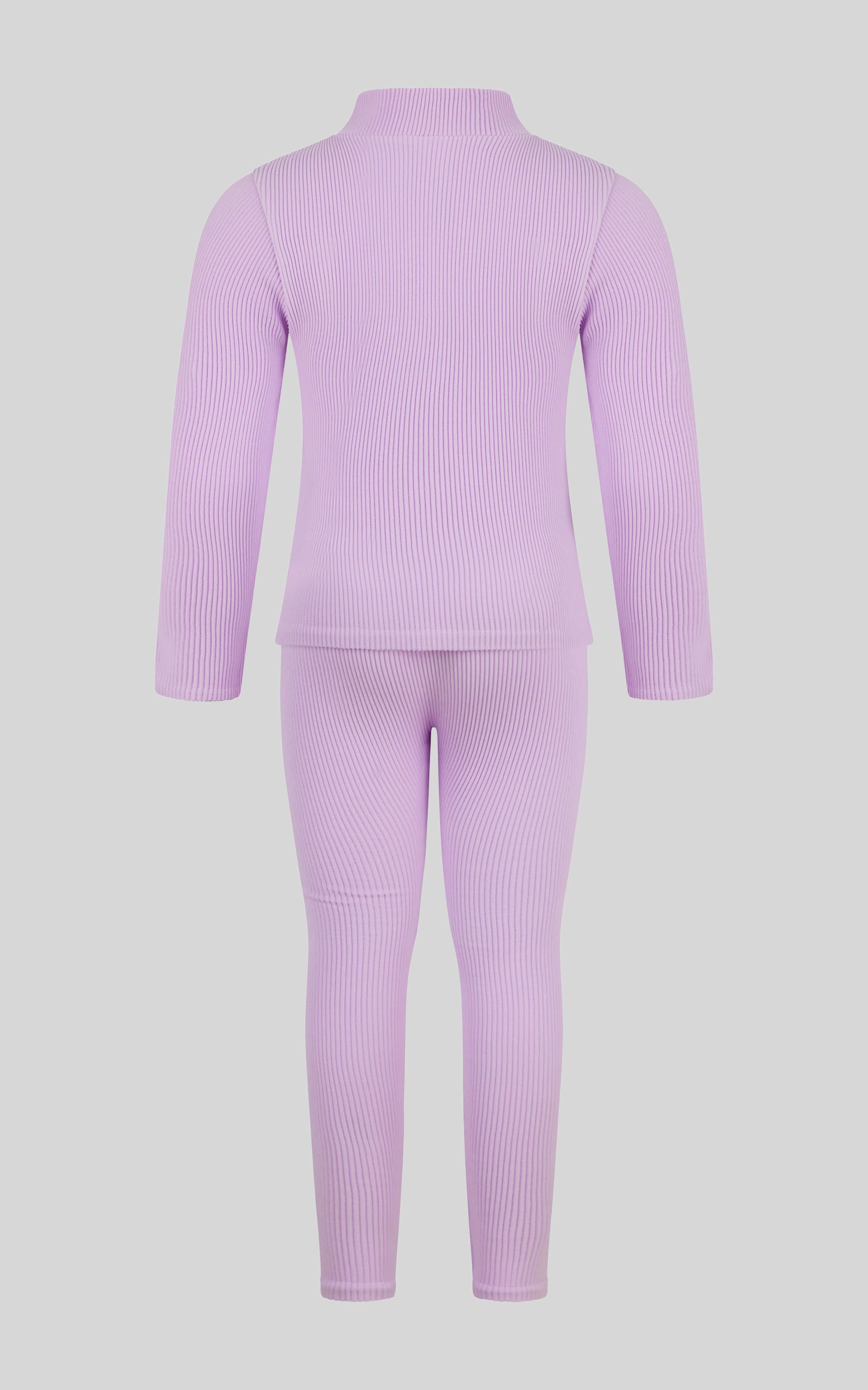 Girls lavender purple half zip long sleeve top and matching leggings set back view.