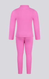 Girls bright pink ribbed long sleeve half-zip top and matching leggings set, back view.
