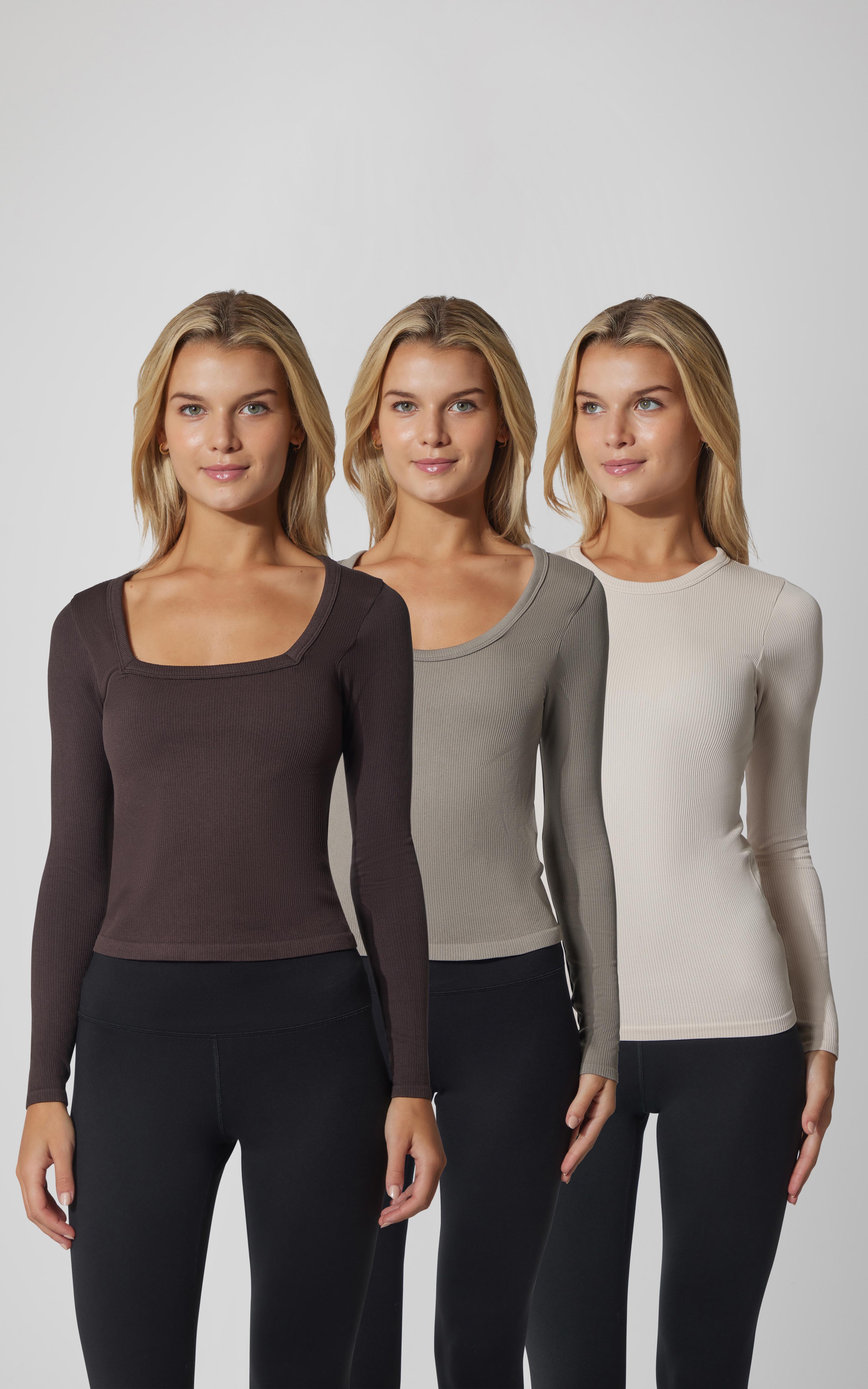 3 PK Ribbed Seamless Crew Neck, Scoop Neck and Sqaure Neck Long Sleeve Top