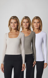 3 PK Ribbed Seamless Crew Neck, Scoop Neck and Square Neck Long Sleeve Top - Our Earthy Story - 90 Degree by Reflex