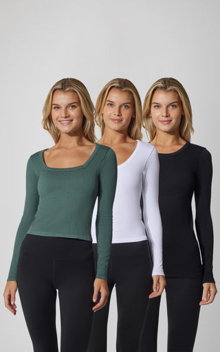 3 PK Ribbed Seamless Crew Neck, Scoop Neck and Sqaure Neck Long Sleeve Top