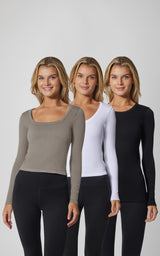 3 PK Ribbed Seamless Crew Neck, Scoop Neck and Square Neck Long Sleeve Top - Our Earthy Story - 90 Degree by Reflex