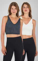 Seamless ribbed tank bra in stone wash black and solid white, scoop neck, slim fit, model worn.