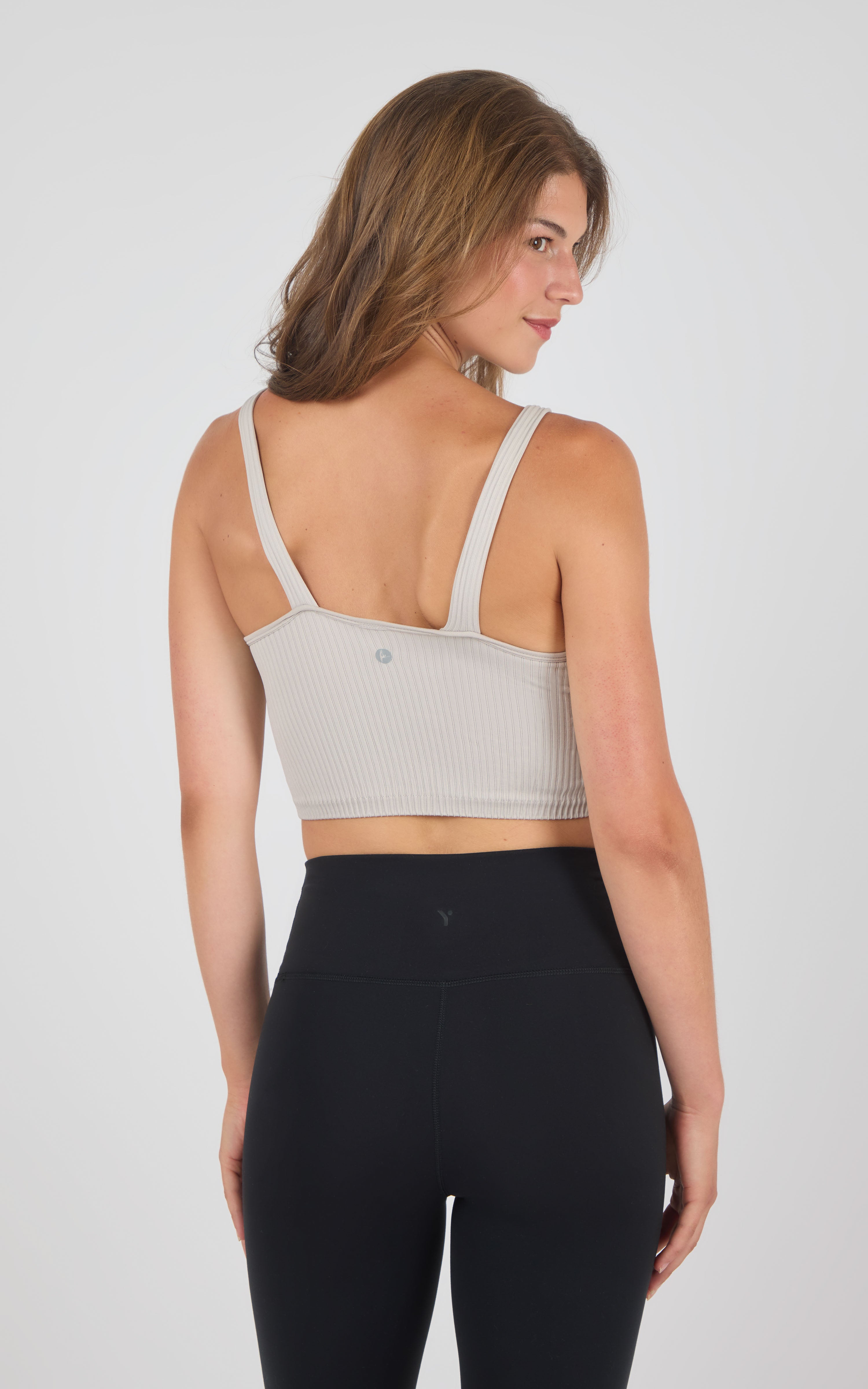 Seamless stone wash ribbed bra tank in light gray with wide straps and square back neckline.
