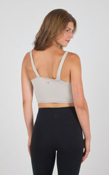 Seamless stone wash ribbed bra tank in light gray with wide straps and square back neckline.