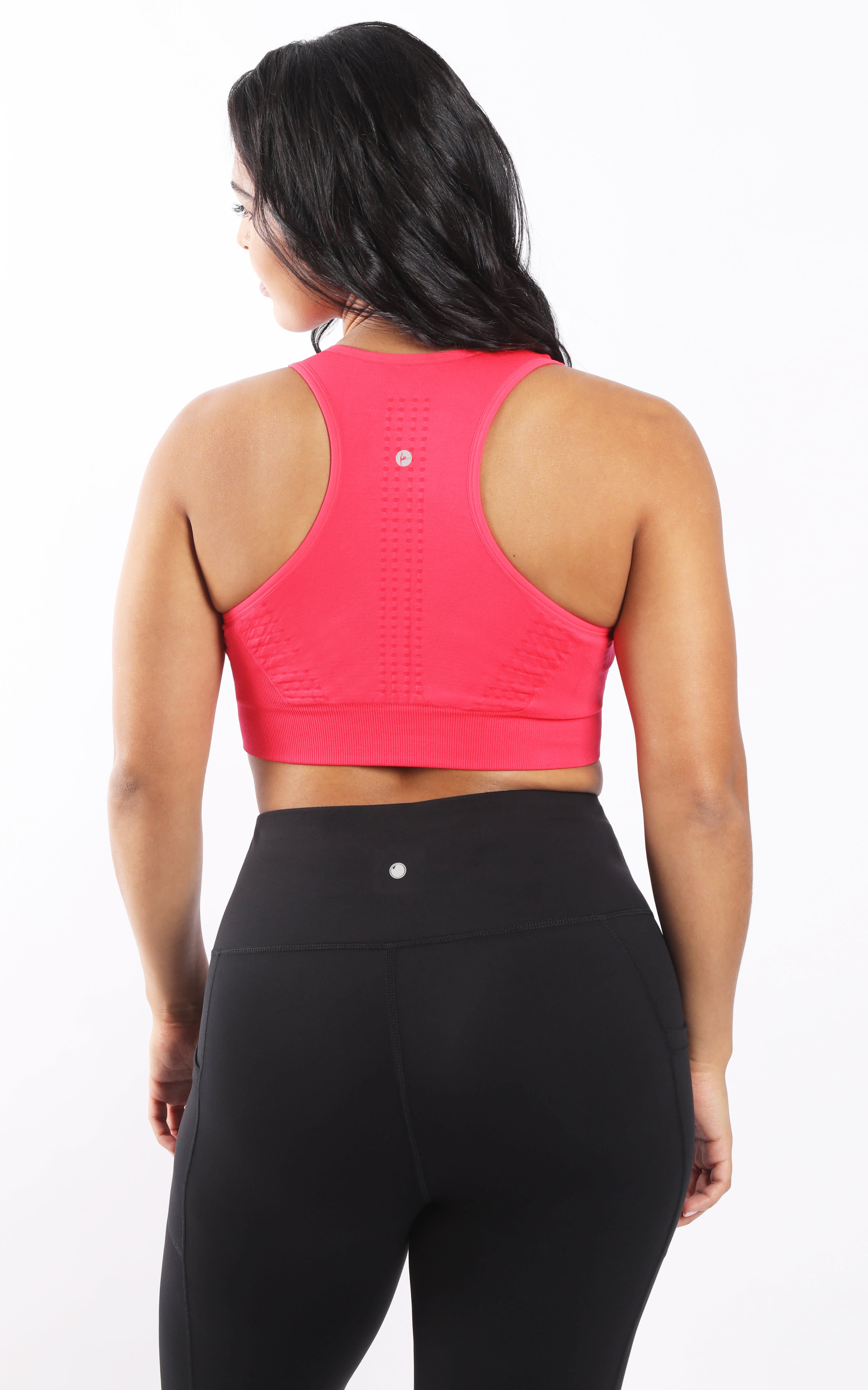 Plus-size seamless racerback bra in vibrant calypso red, shown from the back.