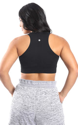 Plus size seamless black racerback bra with high neck and supportive fit.