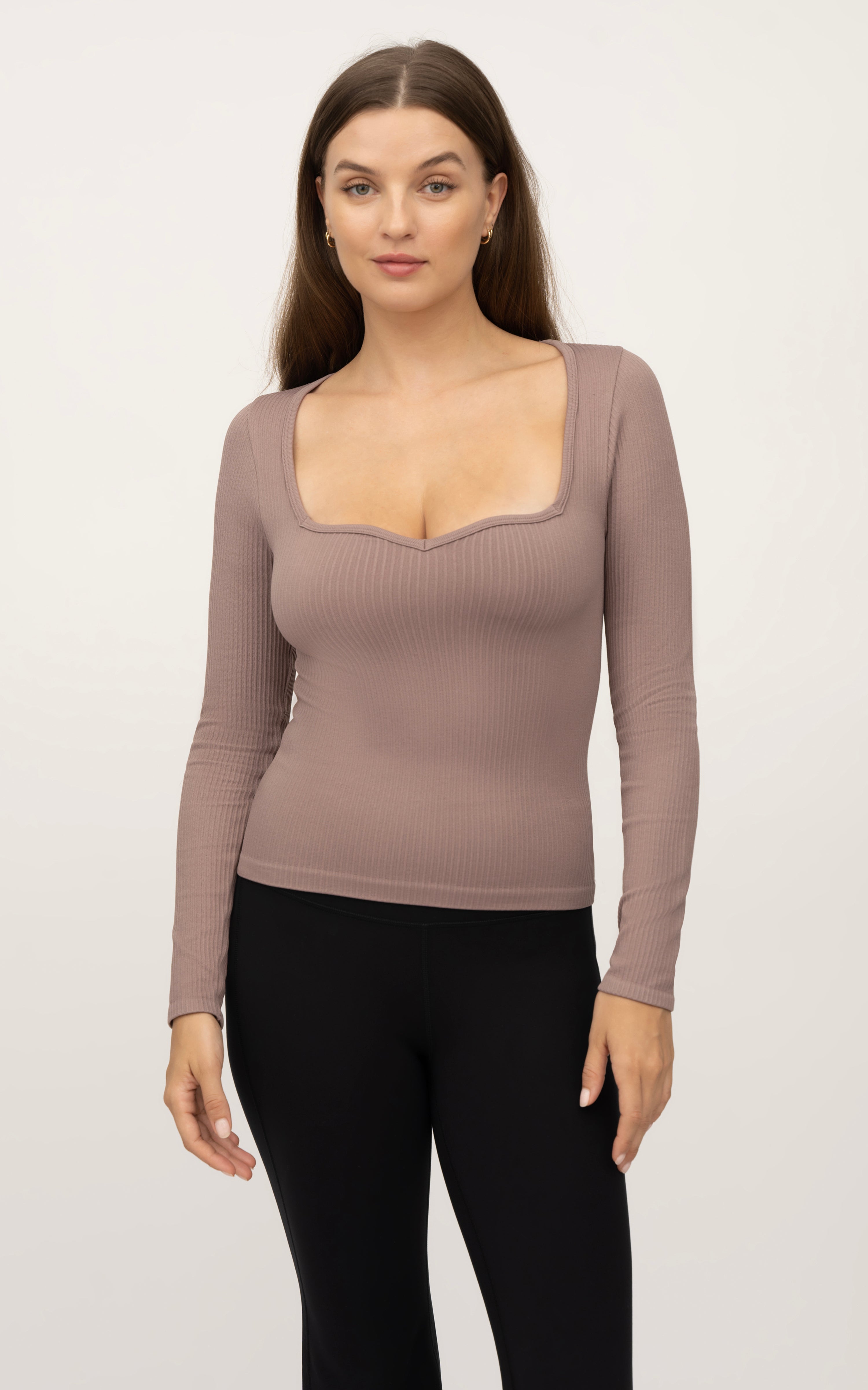 2 Pack Seamless Ribbed  Sweetheart Neck Long Sleeve Top