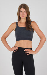 Charcoal gray seamless bra tank with square neckline and thin straps on model.