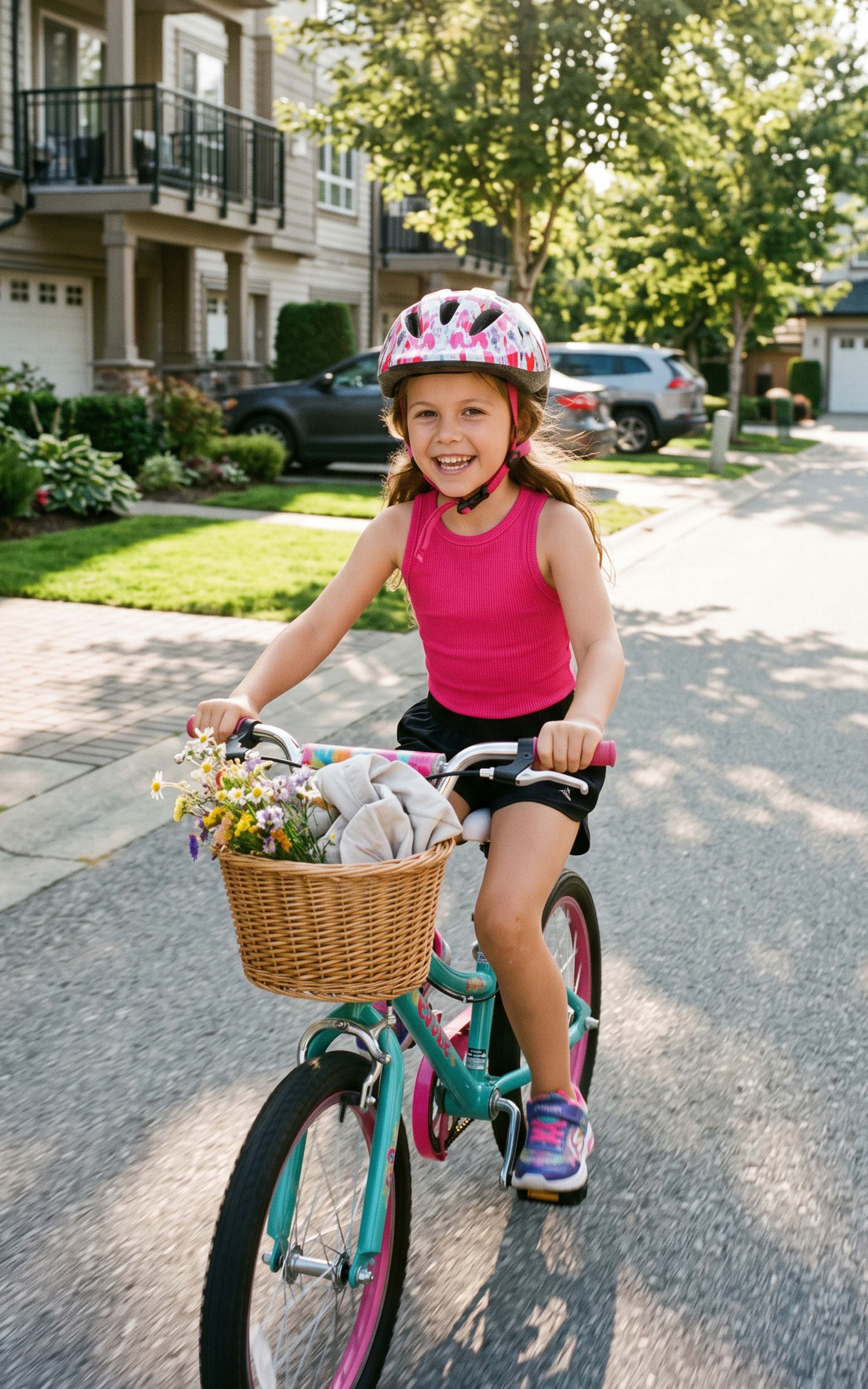 Girl wearing a bright pink ribbed tank top while riding a teal bicycle with a flower-filled basket.