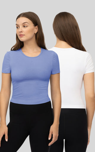 2 Pack Heavenly Rib Tara Cropped Short Sleeve Shirt with Built in Bra