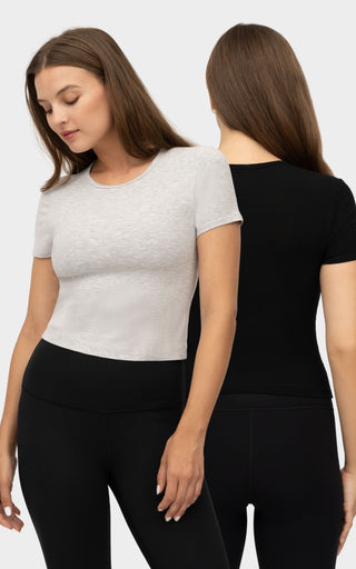 2 Pack Heavenly Rib Tara Cropped Short Sleeve Shirt with Built in Bra