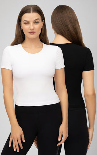 2 Pack Heavenly Rib Tara Cropped Short Sleeve Shirt with Built in Bra