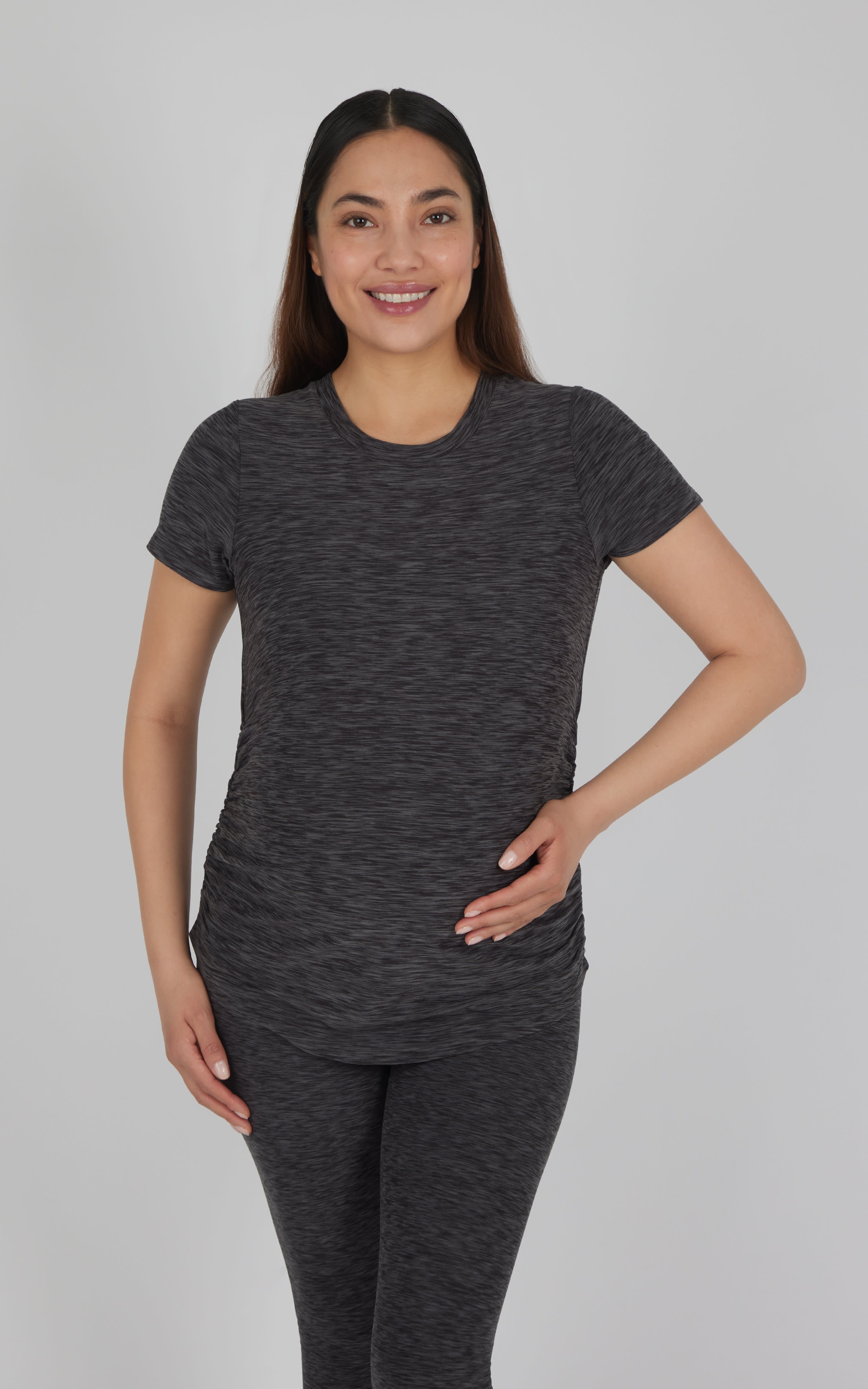 Women's maternity heather asphalt short sleeve crew neck top with relaxed fit.