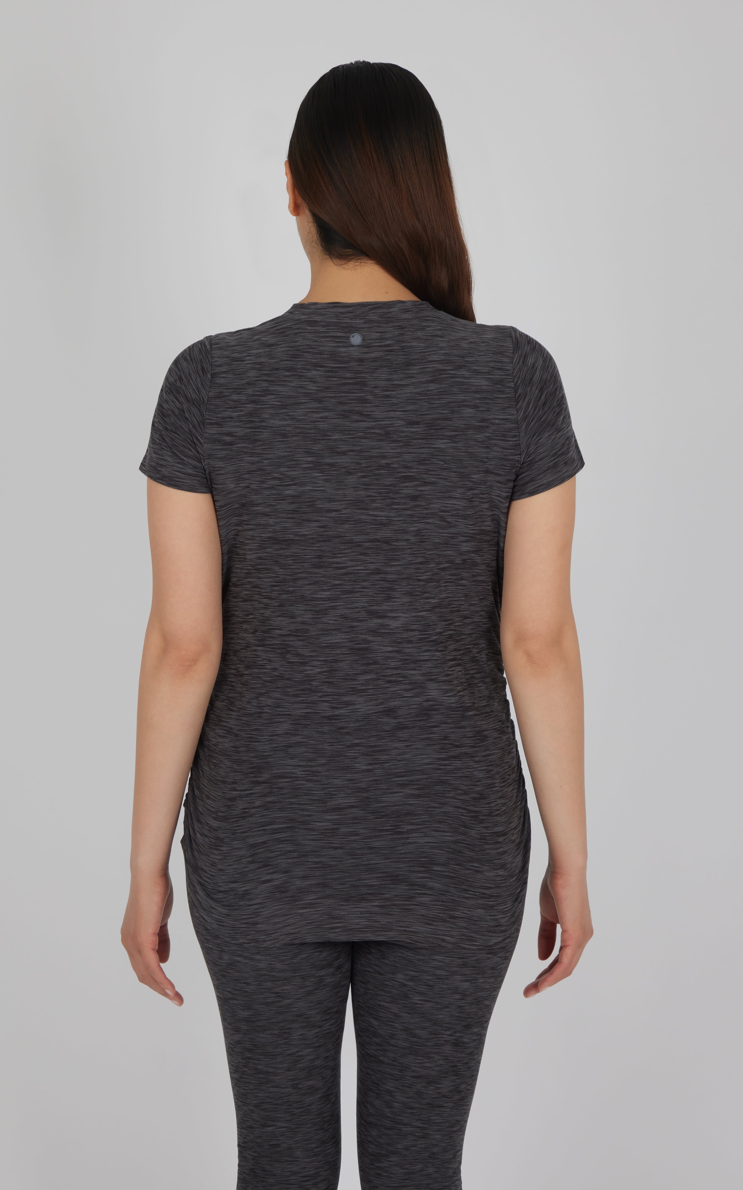 Heather asphalt short sleeve maternity crew neck top shown from the back.