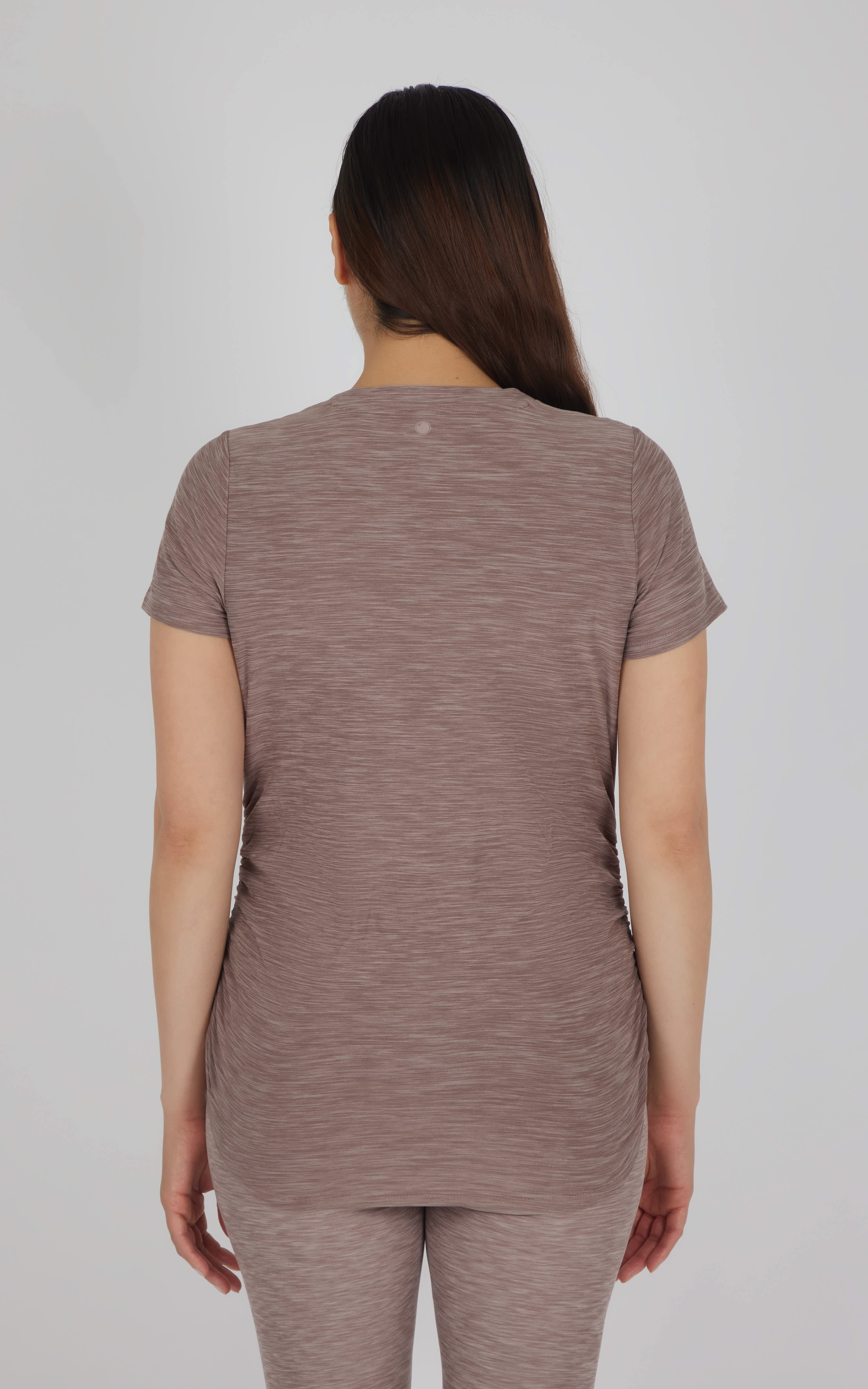 Heather mocha maternity short sleeve crew neck top with a relaxed fit and soft fabric.