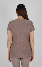 Heather mocha maternity short sleeve crew neck top with a relaxed fit and soft fabric.