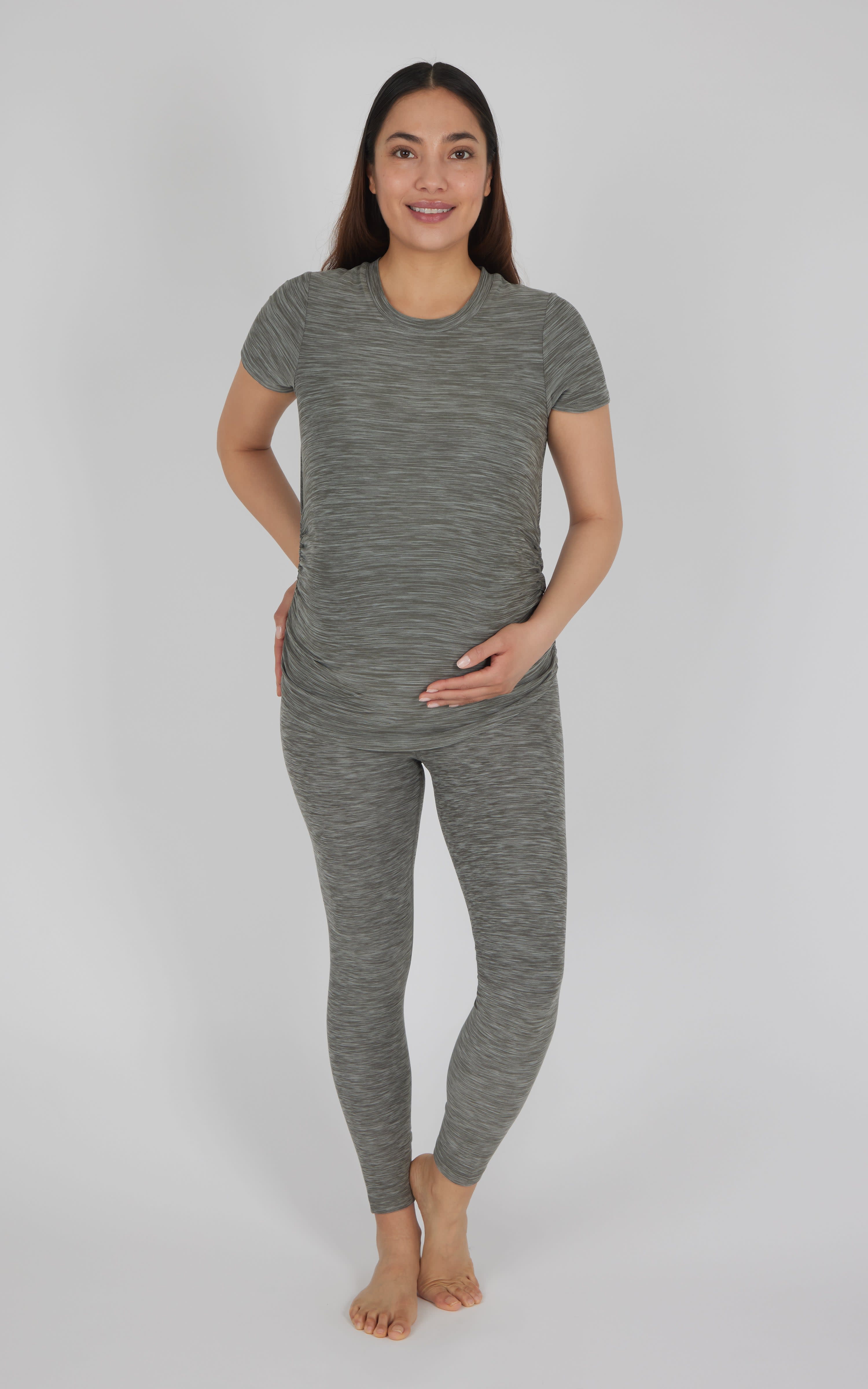 Heather Asphalt maternity short sleeve crew neck top with ruched sides, paired with matching leggings.