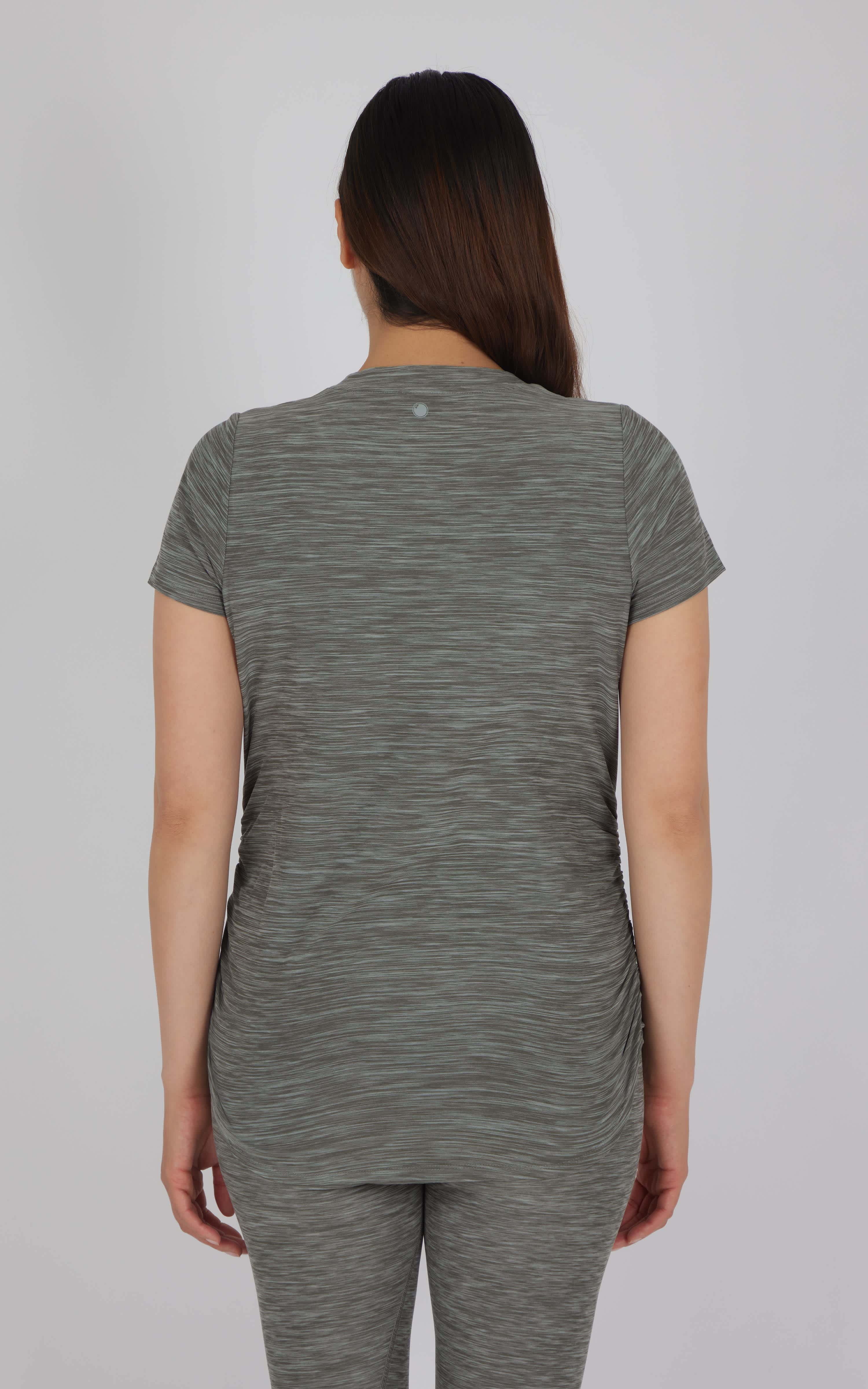 Women's heather asphalt maternity short sleeve crew neck top back view.