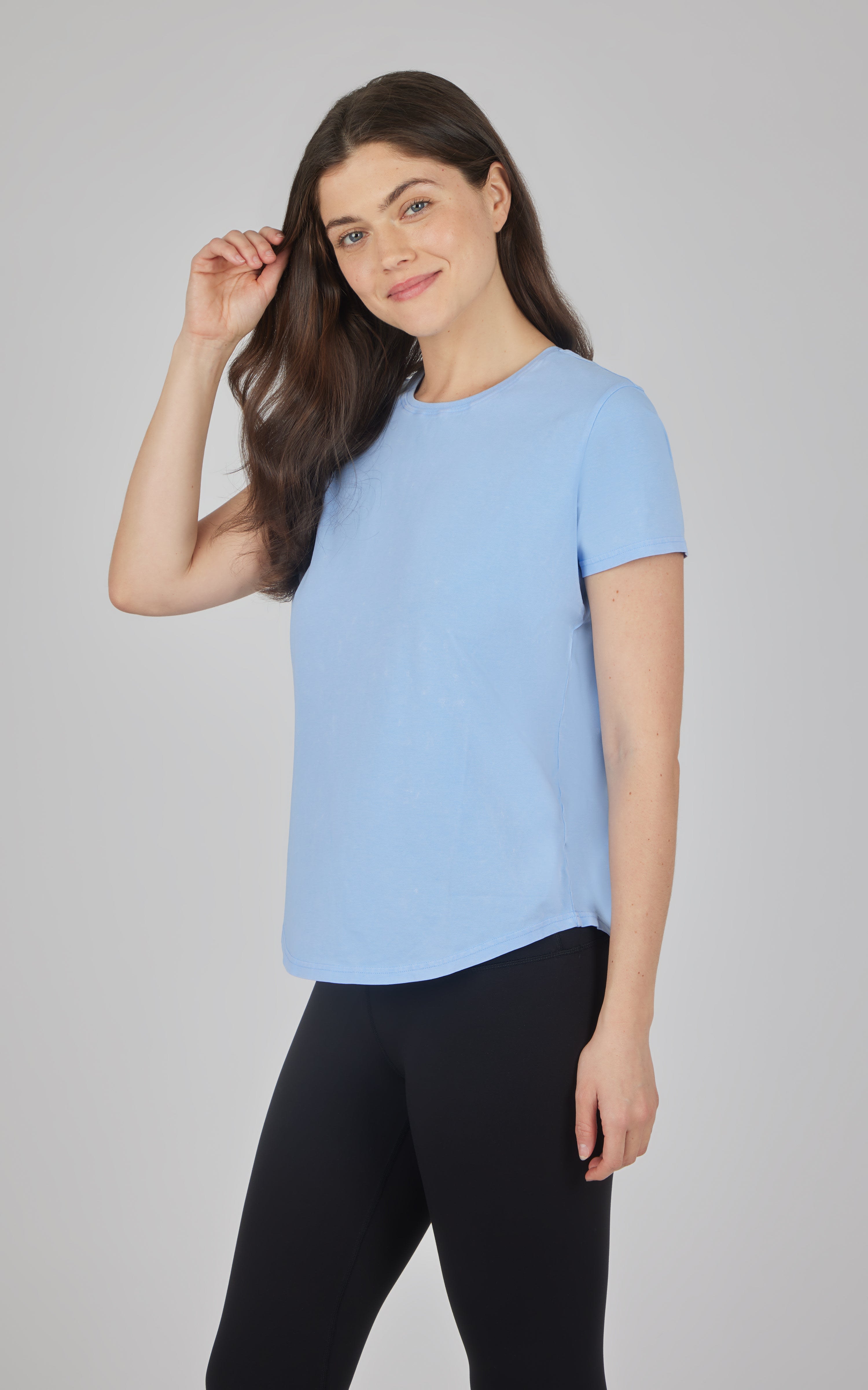 Light blue cotton jersey crew neck tee with short sleeves and a relaxed fit.