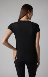Black cationic jersey short sleeve tee with crew neck, fitted women's silhouette, back view.