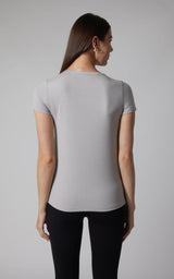 Women's full-length crew neck short sleeve tee in heather grey with a fitted silhouette.