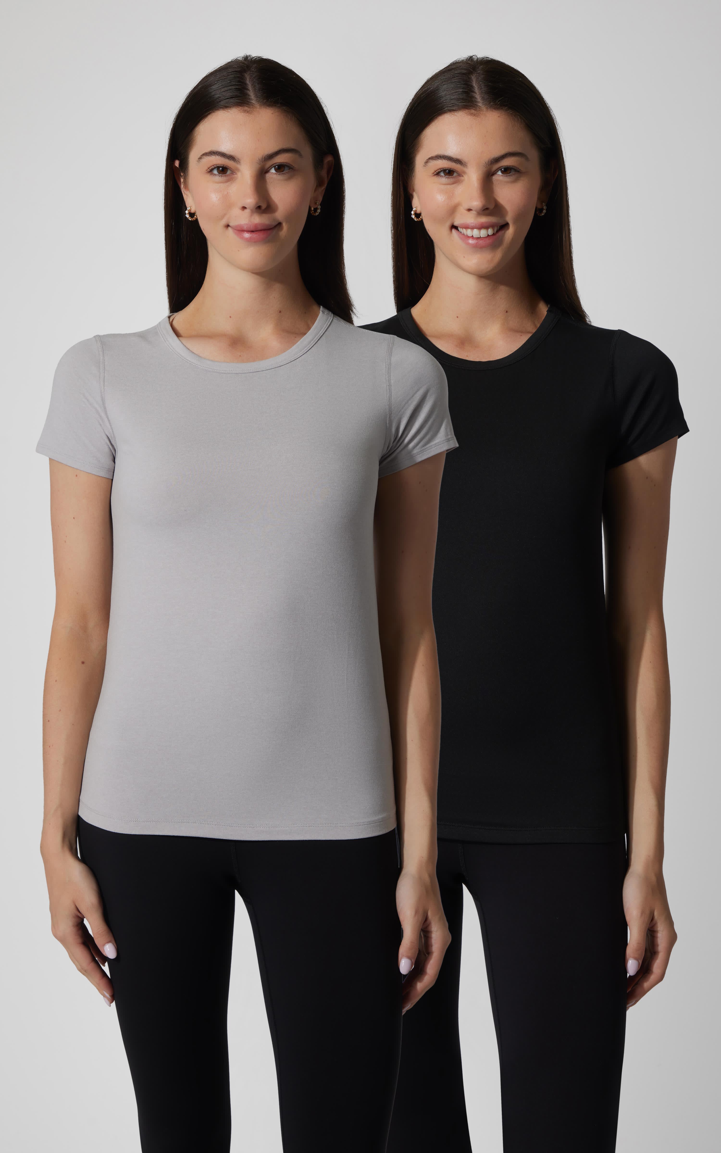 Two women's full-length crew neck short sleeve tees in gray and black, slim fit, soft jersey fabric.