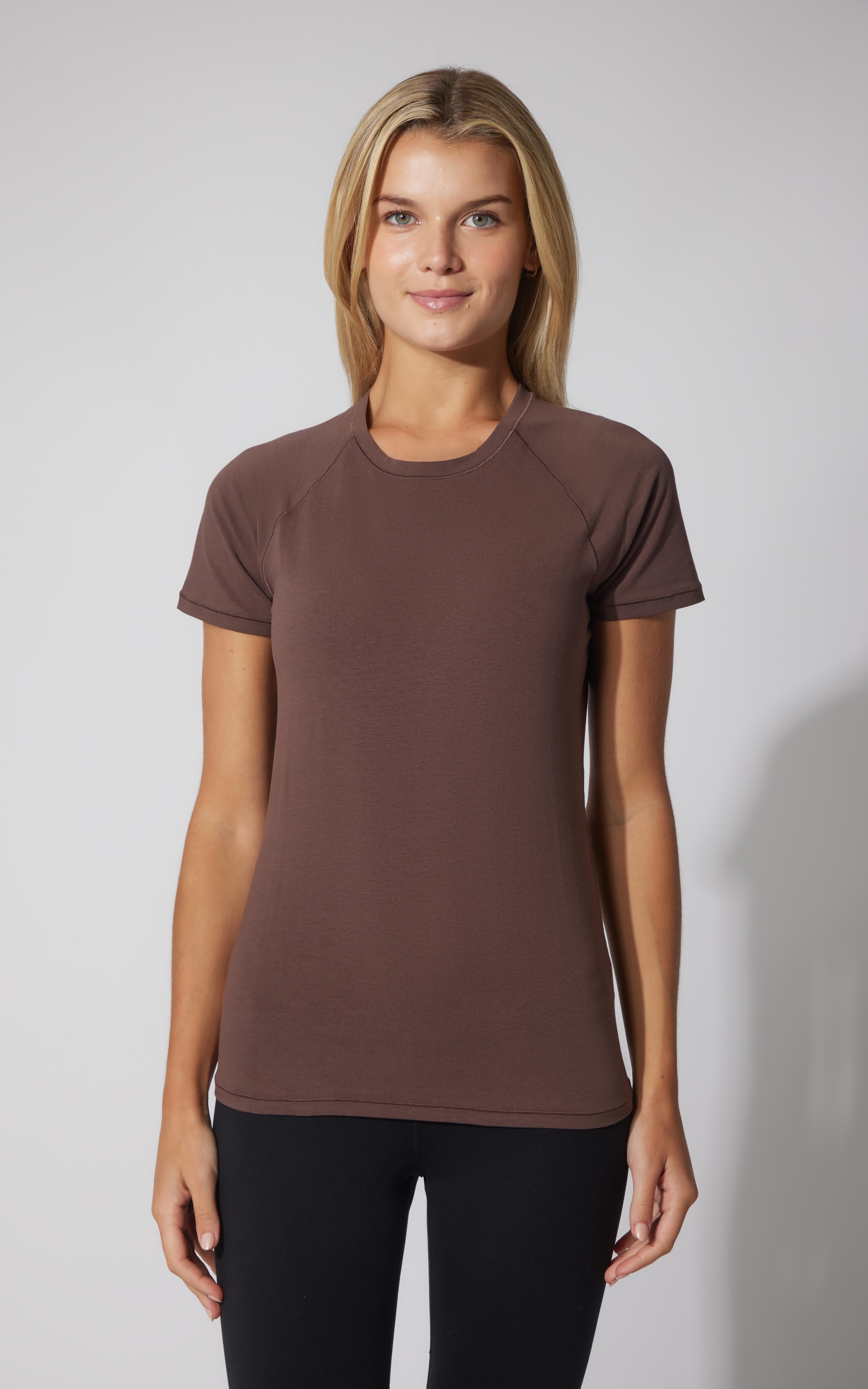 Women’s Classic Brown short sleeve crew neck cotton top, slim fit.