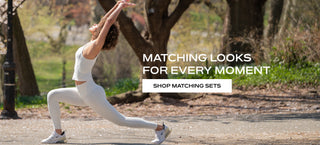 Woman in athletic wear stretching outdoors "Matching Looks for Every Moment Shop Matching Sets"