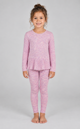 Little girl wearing a pale pink ribbed space-dye set with a long-sleeve peplum pullover and ankle-length leggings.
