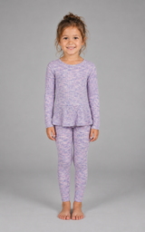 Girl wearing a lavender space-dye ribbed set with a long-sleeve crewneck peplum top and ankle-length leggings.