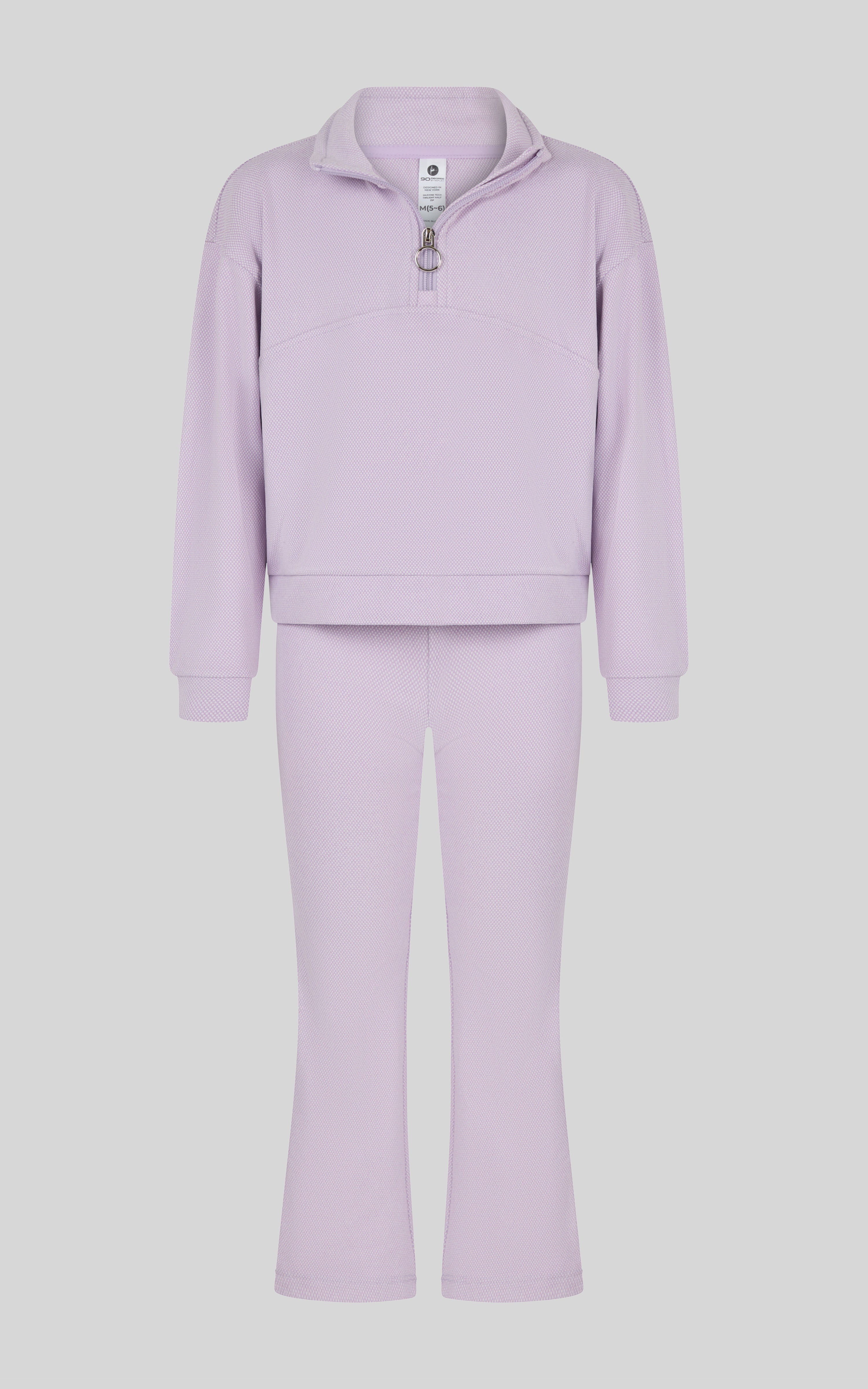 Lavender toddler set with a long-sleeve half-zip top and matching straight-leg flare pants.