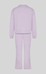 Lavender toddler tracksuit shown from the back, with a long-sleeve top and matching straight-leg pants.