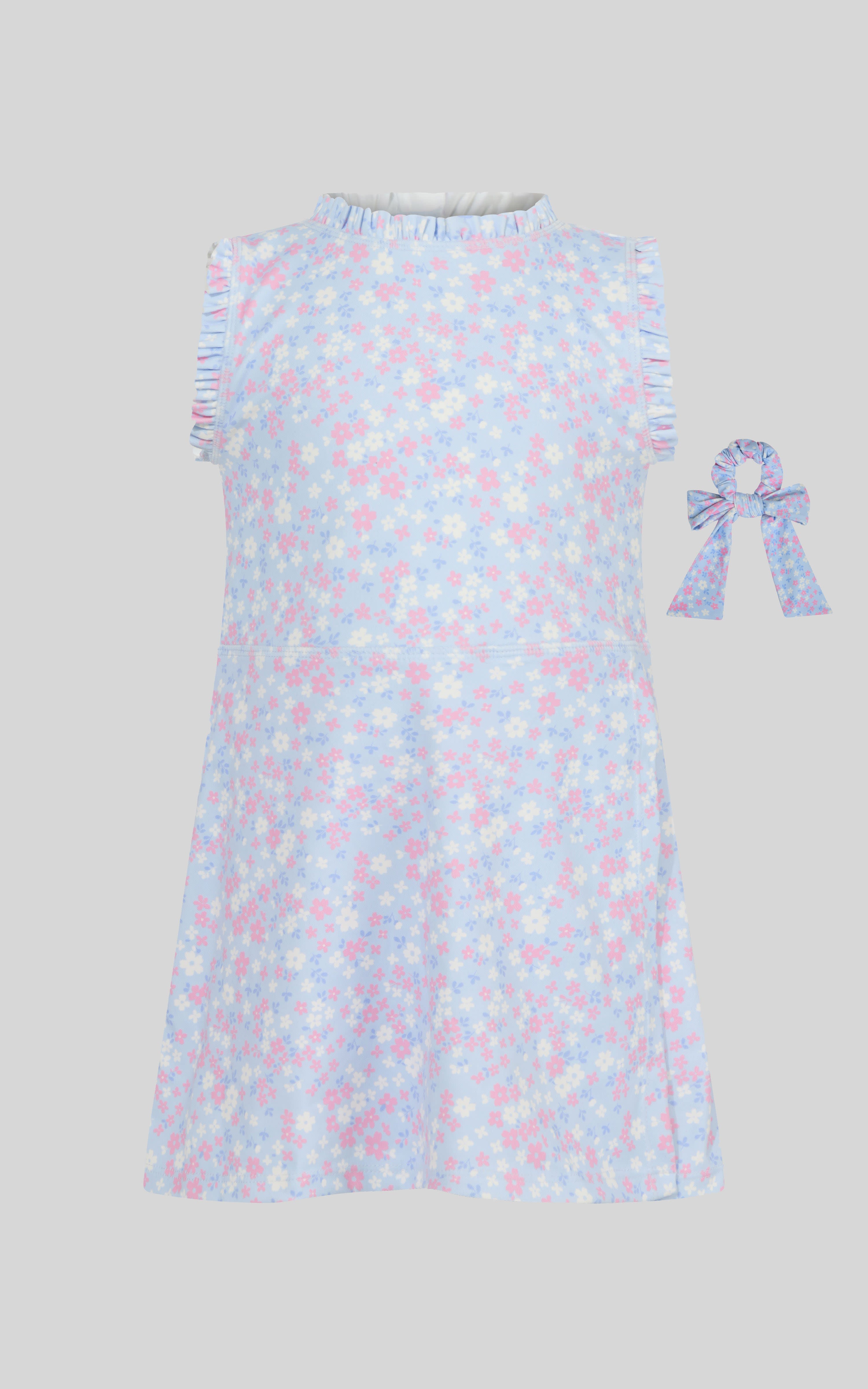 Spring pink flower ruffle dress for toddler girls with matching bow scrunchie.