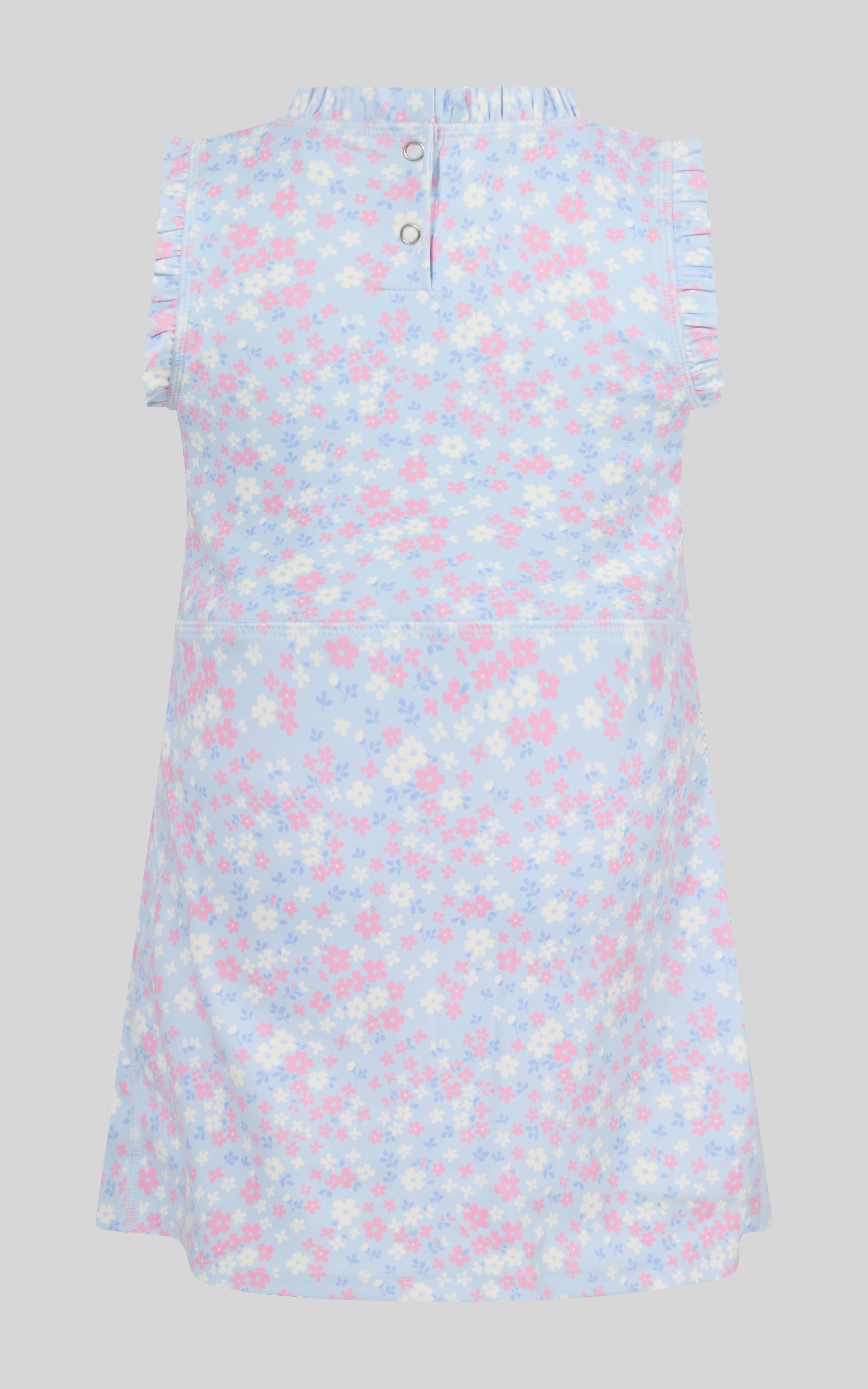 Sleeveless toddler dress with pink and blue floral print and ruffle neckline.