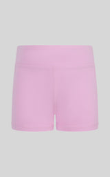 Light pink toddler shorts with elastic waistband, smooth fabric, 3-inch inseam.