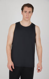 Black men's muscle tank with wide shoulder straps and a relaxed fit.