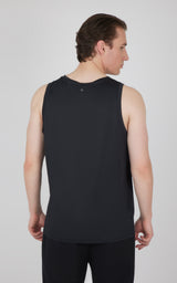 Black men's muscle tank with wide shoulder straps and a relaxed fit shown from the back.
