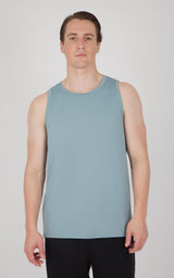 Men's sleeveless muscle tank in muted blue-gray with a classic crew neck and relaxed fit.